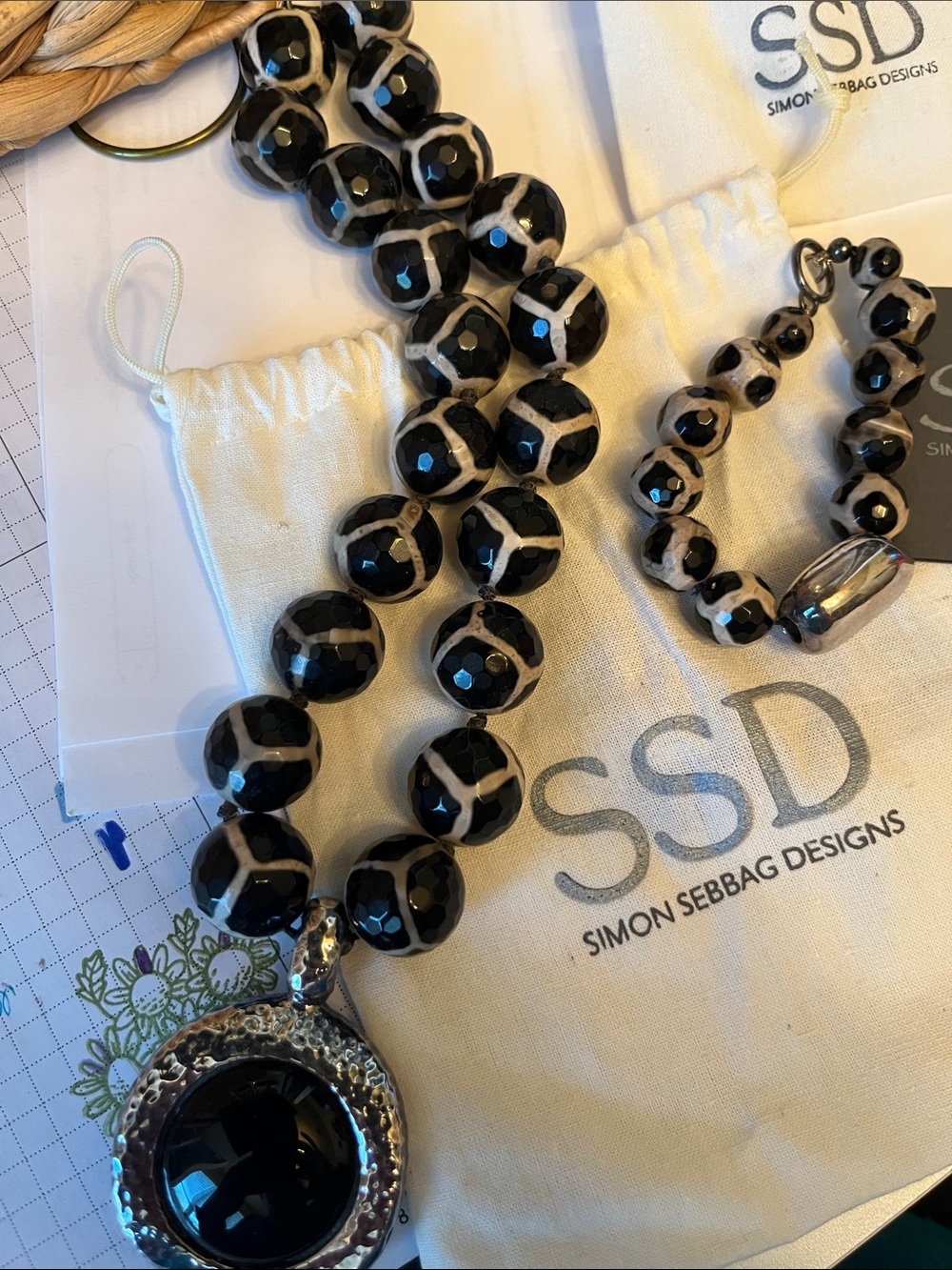 Simon Sebbag Black and Cream Beaded Necklace with Pendant